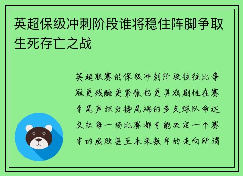 英超保级冲刺阶段谁将稳住阵脚争取生死存亡之战