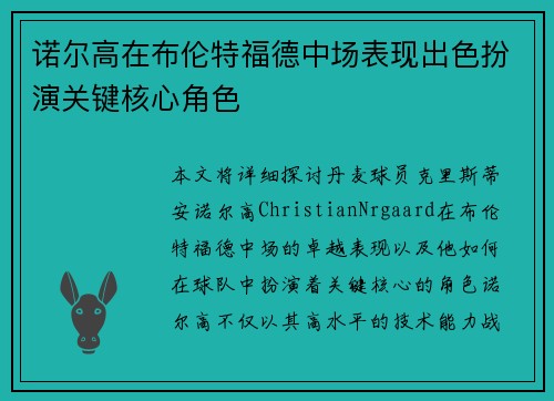 诺尔高在布伦特福德中场表现出色扮演关键核心角色
