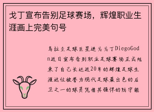戈丁宣布告别足球赛场，辉煌职业生涯画上完美句号
